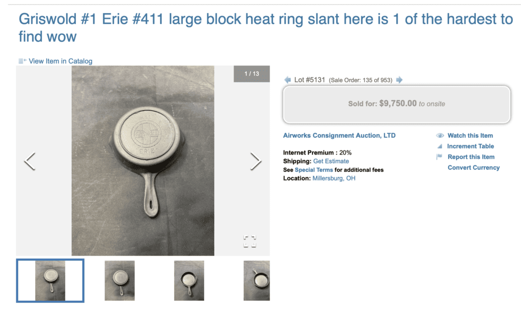 Griswold cast iron skillet number 1, pattern number 411, slant logo ERIE heat ring auction price $9750